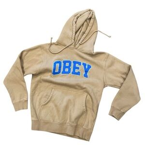 OBEY S beige kangaroo hoodie heavyweight big hood blue graphic